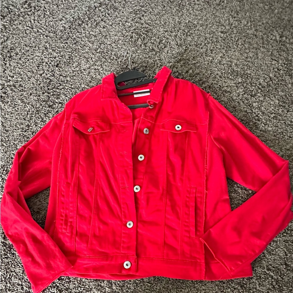 Belle Kim gravel red Jean twill jacket knit back and sleeves size large